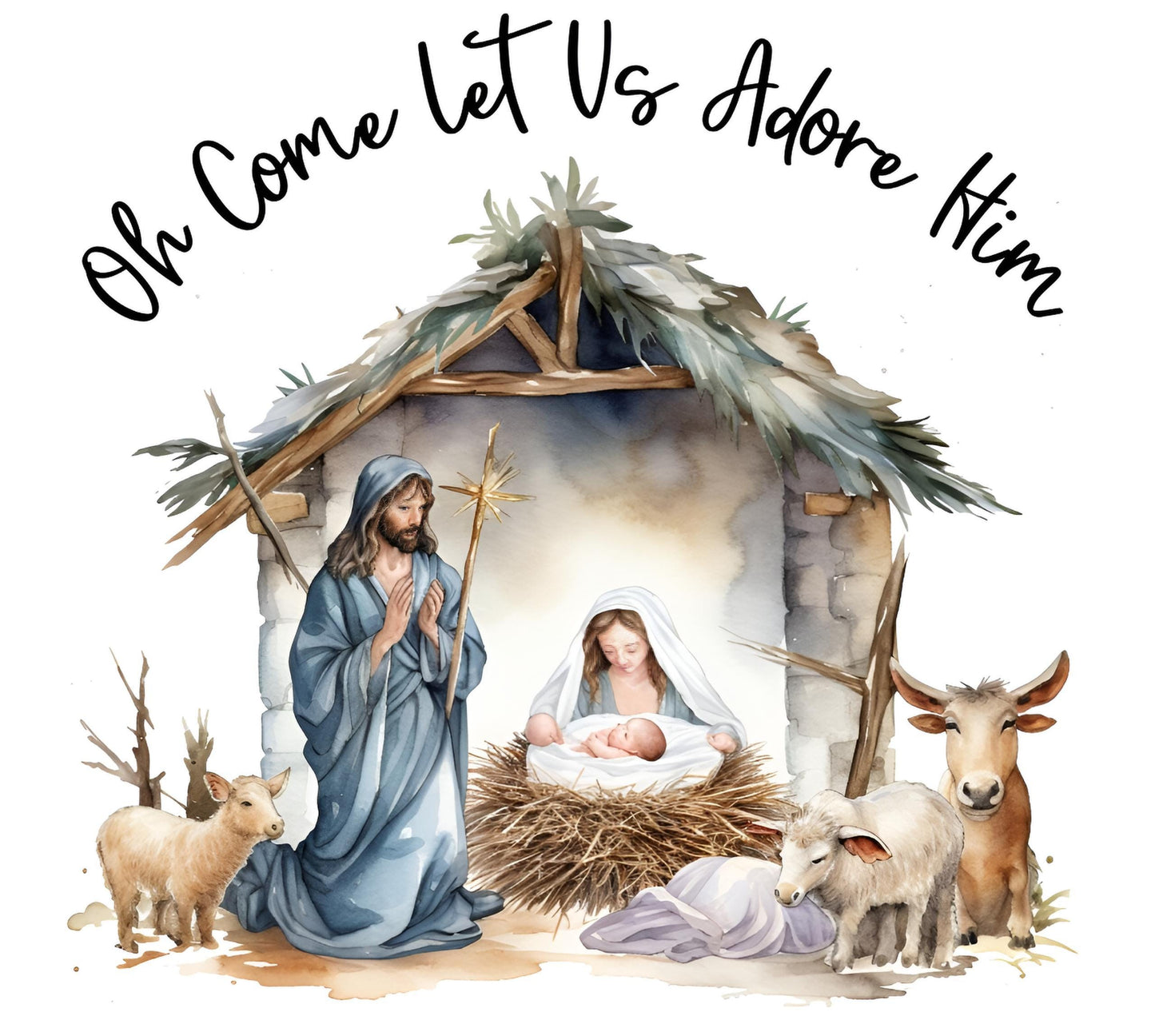 Oh Come Let Us Adore Him Nativity Scene Christmas T-Shirt-Youth