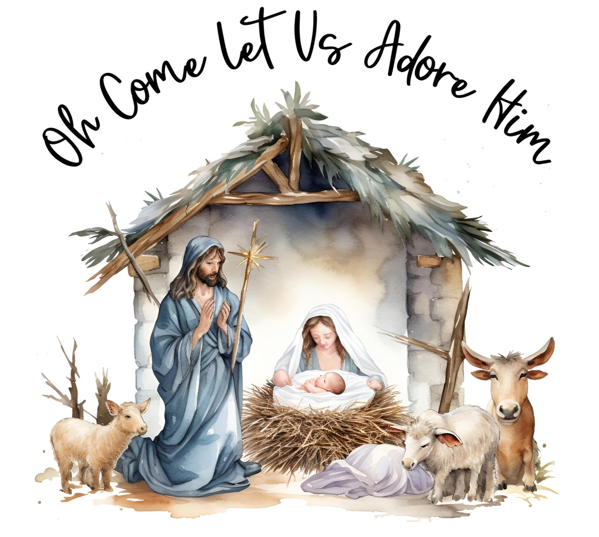 Oh Come Let Us Adore Him Nativity Scene Christmas T-Shirt-Youth